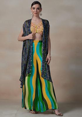 Yellow Printed Jacket Set With Embellished Blouse And Pants