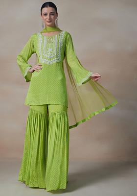 Green Printed Sharara Set With Bandhani Print Kurta And Dupatta