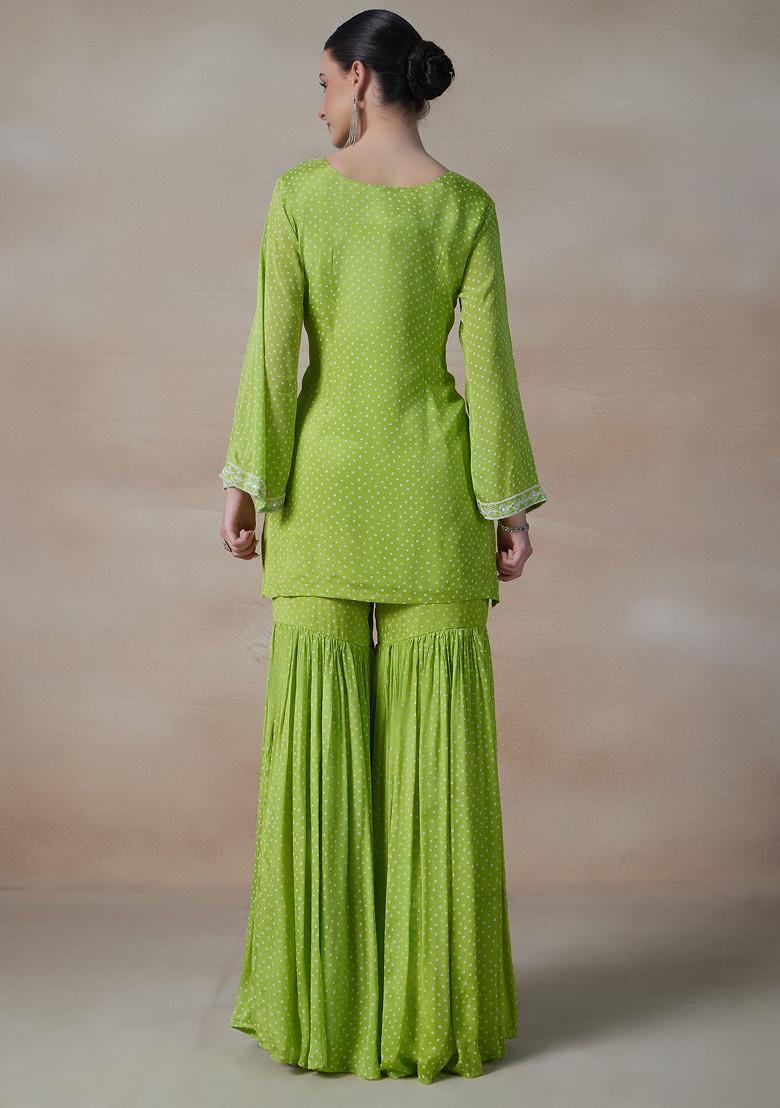 Green Printed Sharara Set With Bandhani Print Kurta And Dupatta - Indya