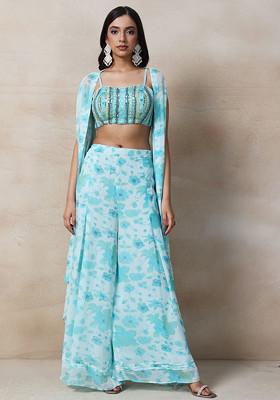 Sky Blue Floral Print Jacket Set With Sequin Embellished Blouse And Printed Palazzo