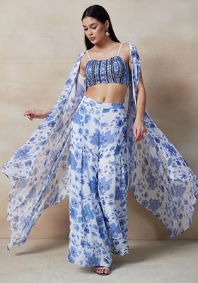 Purple Floral Print Jacket Set With Sequin Embellished Blouse And Printed Palazzo