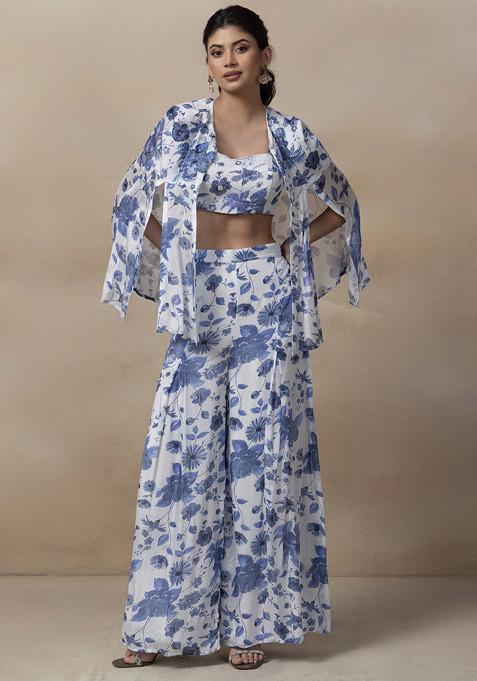 Blue Printed Sharara Set With Bead Sequin Embellished Blouse And Jacket