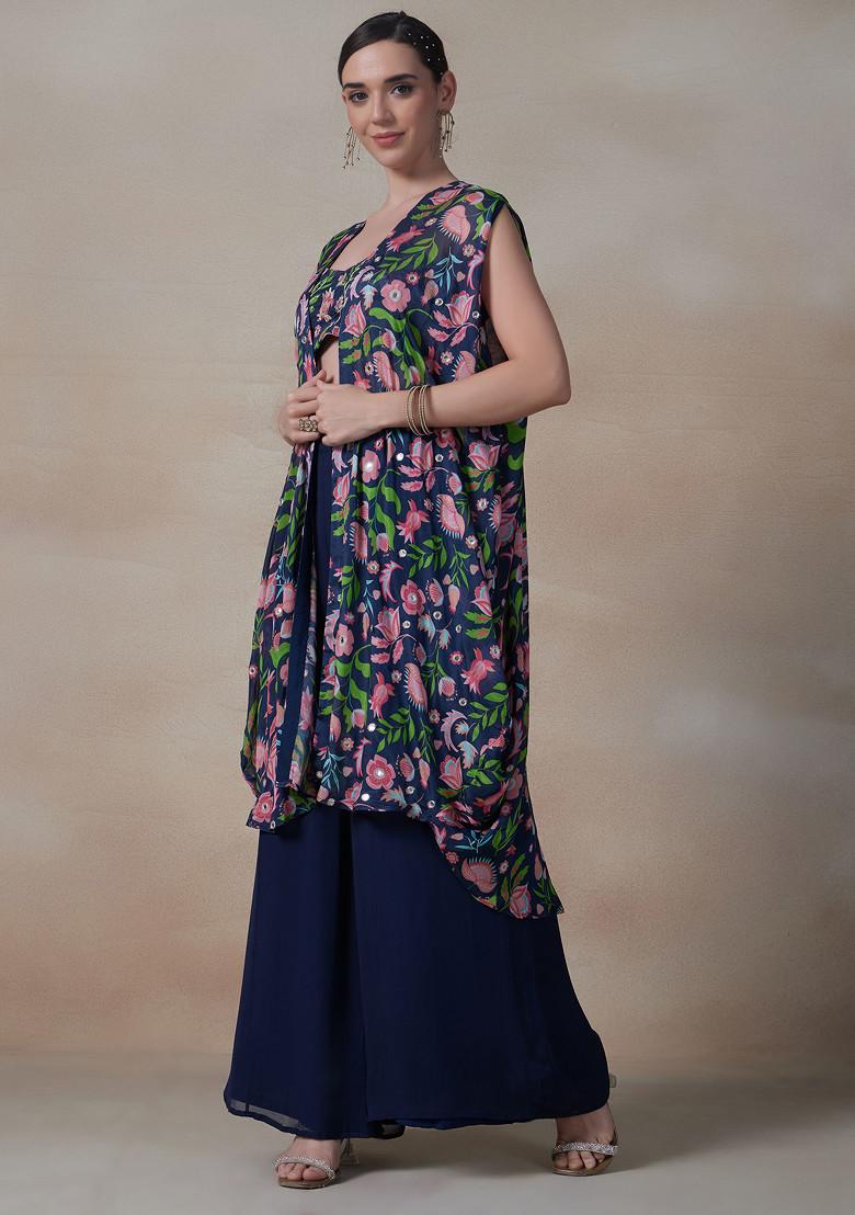 Blue Sharara Set With Embroidered Blouse And Jacket - Indya