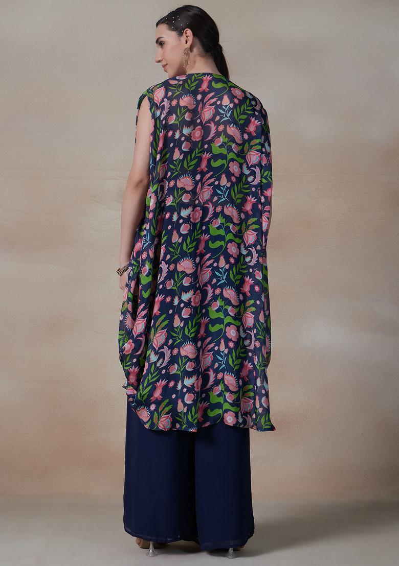 Blue Sharara Set With Embroidered Blouse And Jacket - Indya