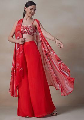 Red Sharara Set With Embellished Blouse And Jacket