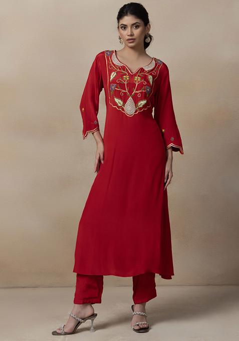 Red Floral Zari Embroidered Kurta With Pants