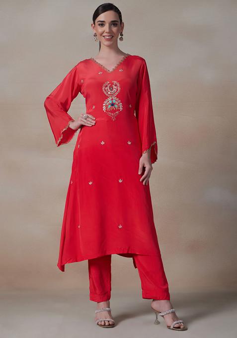 Red Embroidered Kurta With Pants