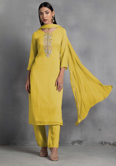 Yellow Floral Hand Embroidered Organza Kurta Set With Pants And Dupatta