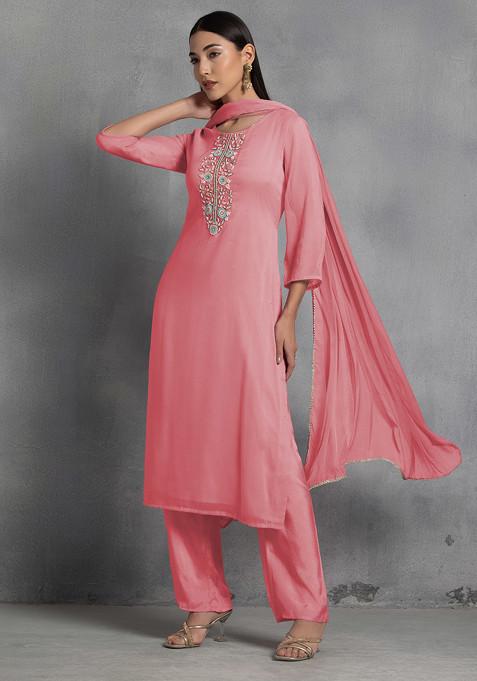 Pink Floral Hand Embroidered Organza Kurta Set With Pants And Dupatta