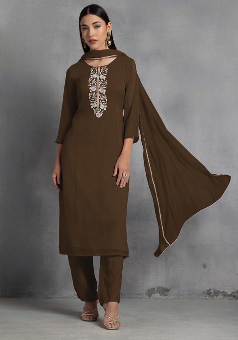 Brown Floral Hand Embroidered Organza Kurta Set With Pants And Dupatta