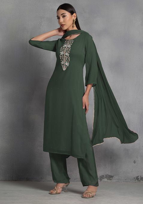 Forest Green Floral Hand Embroidered Organza Kurta Set With Pants And Dupatta