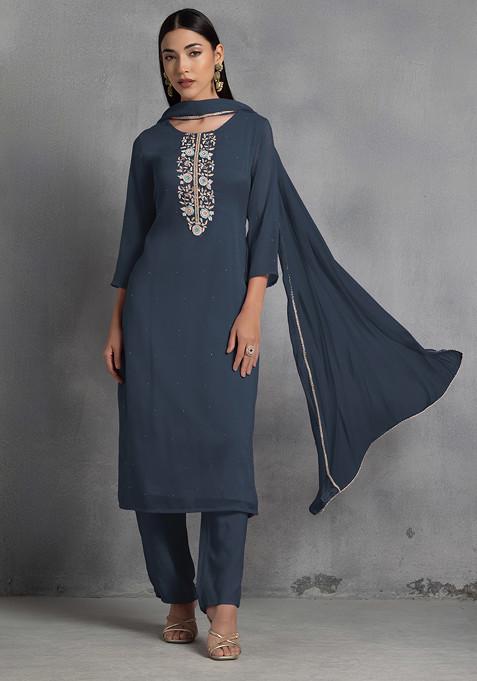 Blue Floral Hand Embroidered Organza Kurta Set With Pants And Dupatta