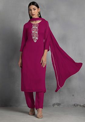 Dark Purple Floral Hand Embroidered Organza Kurta Set With Pants And Dupatta