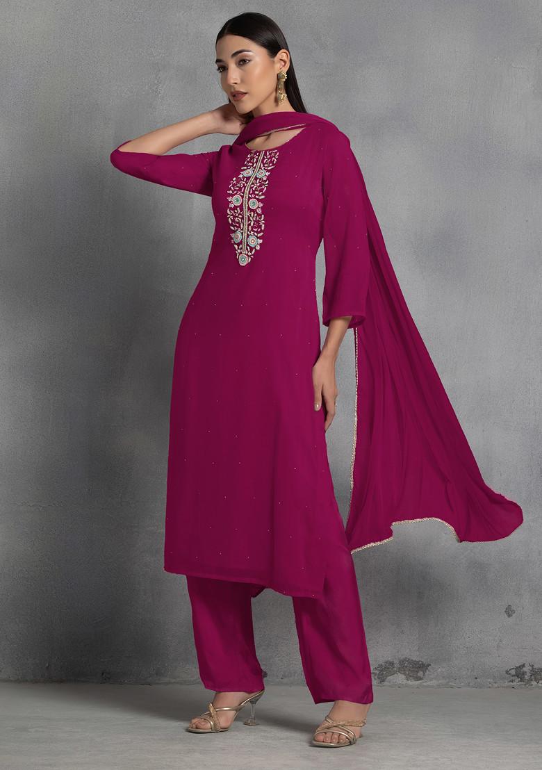 Dark Purple Floral Hand Embroidered Organza Kurta Set With Pants And Dupatta