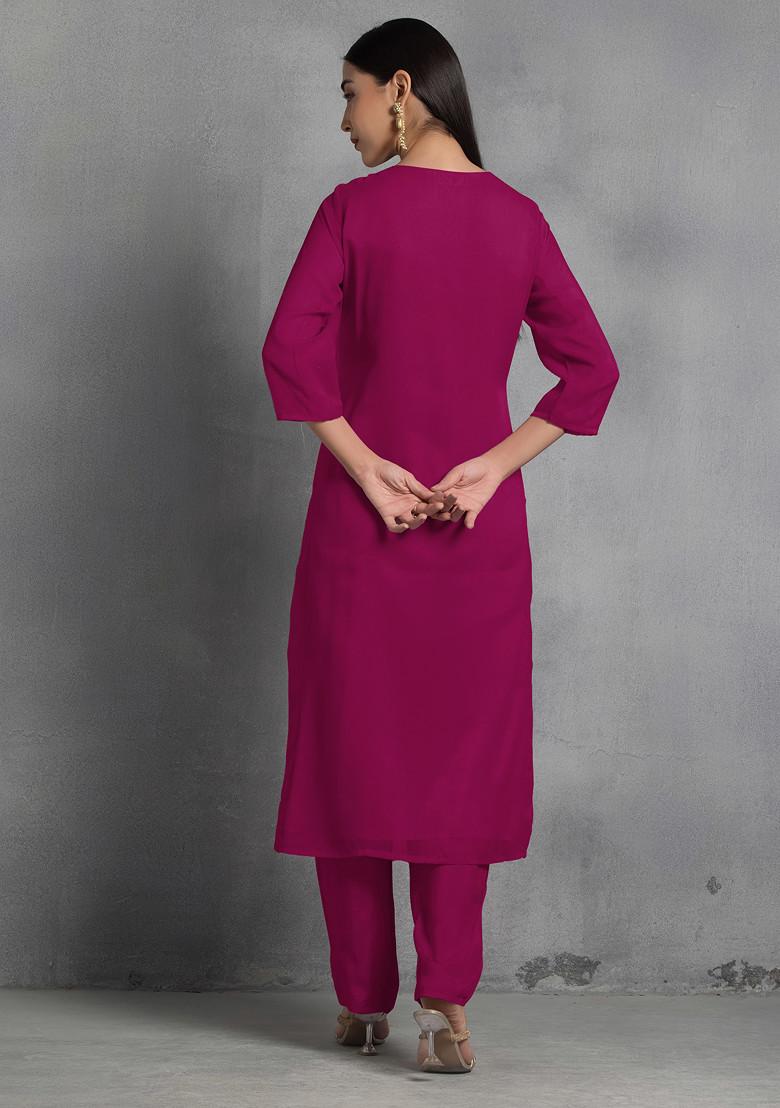 Dark Purple Floral Hand Embroidered Organza Kurta Set With Pants And Dupatta