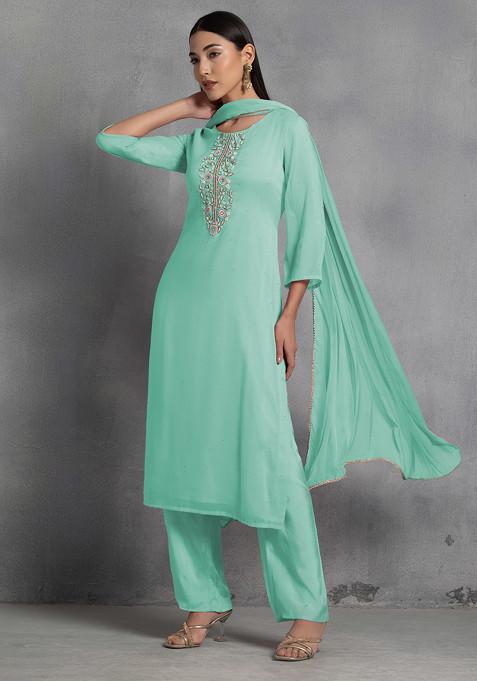 Light Blue Floral Hand Embroidered Organza Kurta Set With Pants And Dupatta