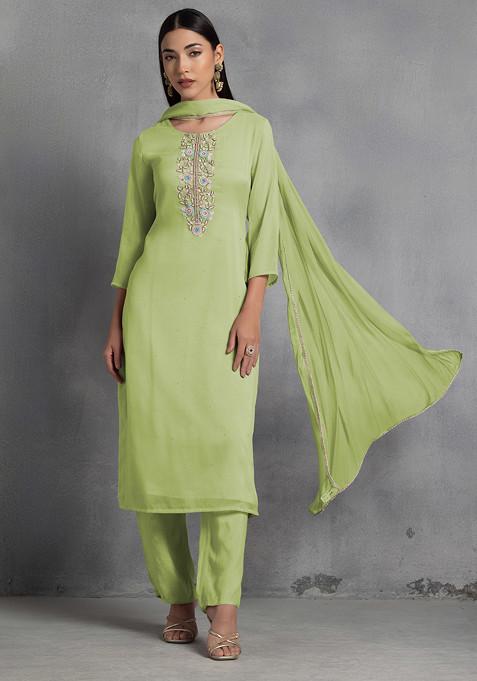 Pista Green Floral Hand Embroidered Organza Kurta Set With Pants And Dupatta