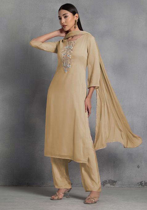 Beige Floral Hand Embroidered Organza Kurta Set With Pants And Dupatta