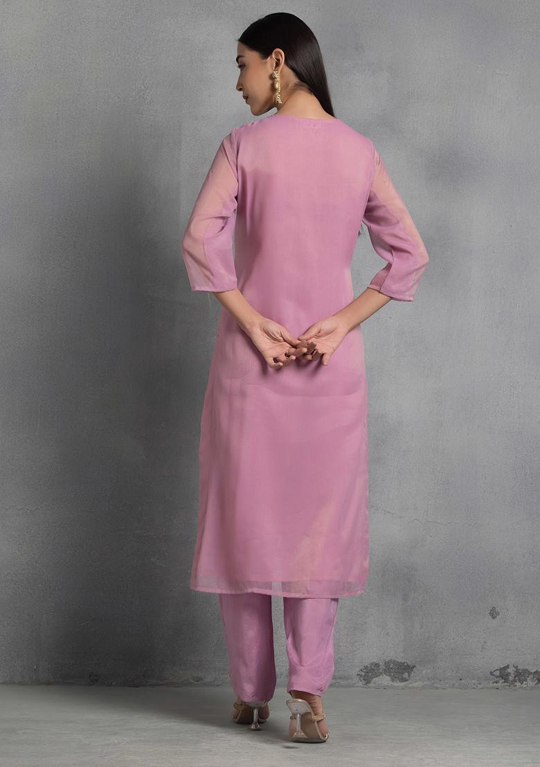 Lavender Floral Hand Embroidered Organza Kurta Set With Pants And Dupatta