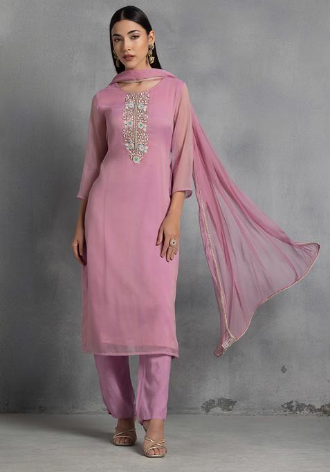 Lavender Floral Hand Embroidered Organza Kurta Set With Pants And Dupatta
