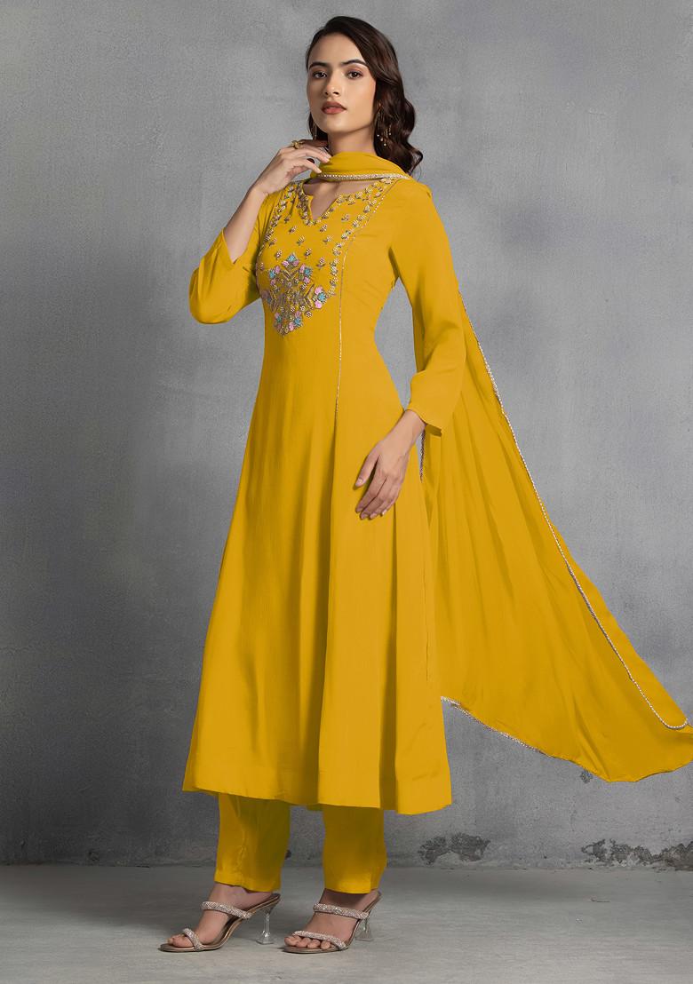 Mustard Multicolour Sequin Thread Hand Embroidered Kurta Set With Pants And Dupatta
