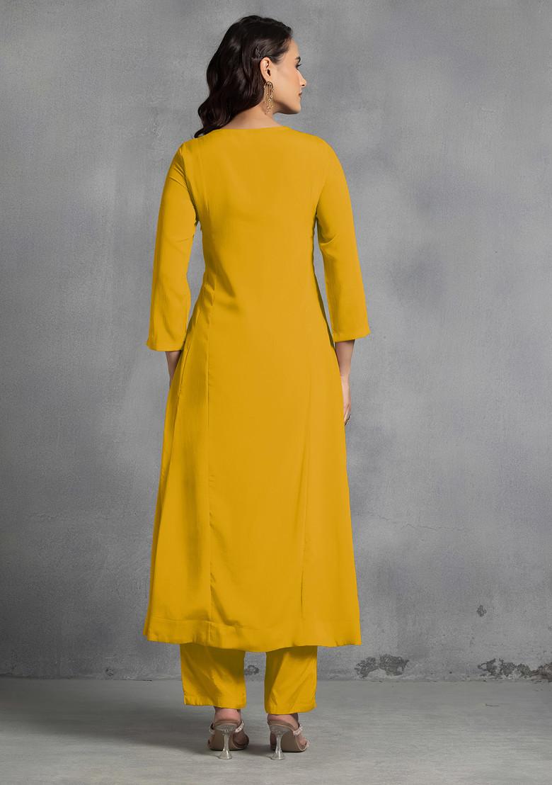 Mustard Multicolour Sequin Thread Hand Embroidered Kurta Set With Pants And Dupatta