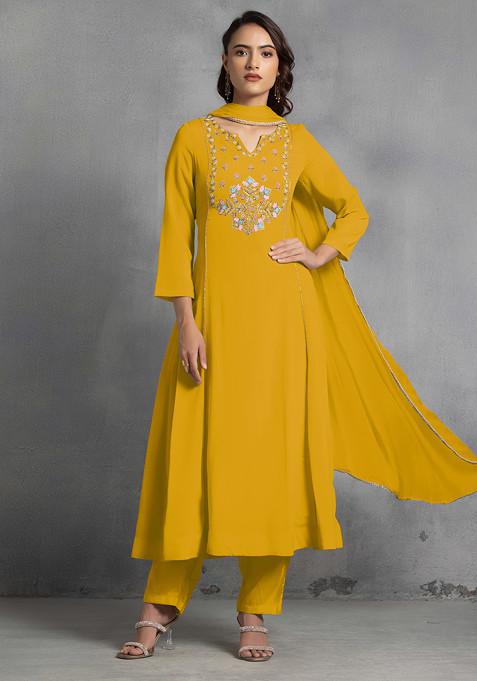 Mustard Multicolour Sequin Thread Hand Embroidered Kurta Set With Pants And Dupatta
