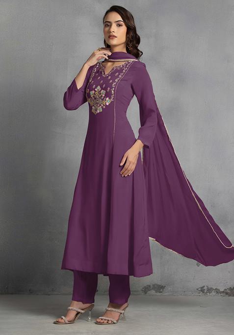 Purple Multicolour Sequin Thread Hand Embroidered Kurta Set With Pants And Dupatta