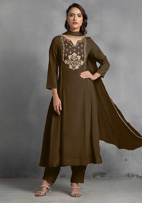 Brown Multicolour Sequin Thread Hand Embroidered Kurta Set With Pants And Dupatta