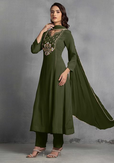 Olive Green Multicolour Sequin Thread Hand Embroidered Kurta Set With Pants And Dupatta