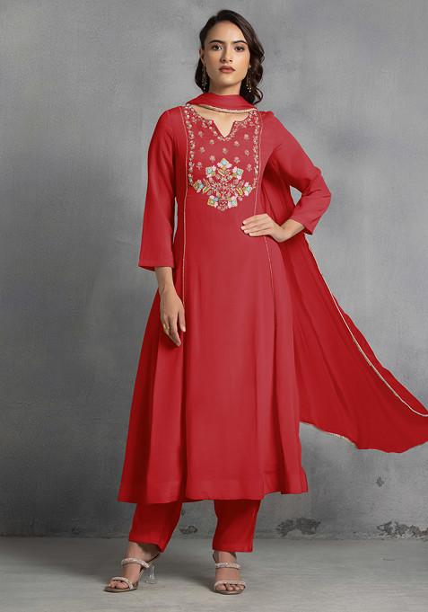 Red Multicolour Sequin Thread Hand Embroidered Kurta Set With Pants And Dupatta