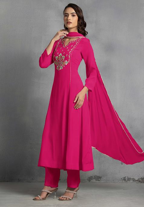 Hot Pink Multicolour Sequin Thread Hand Embroidered Kurta Set With Pants And Dupatta