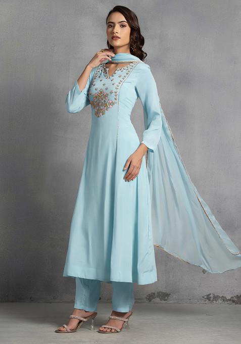 Light Blue Multicolour Sequin Thread Hand Embroidered Kurta Set With Pants And Dupatta