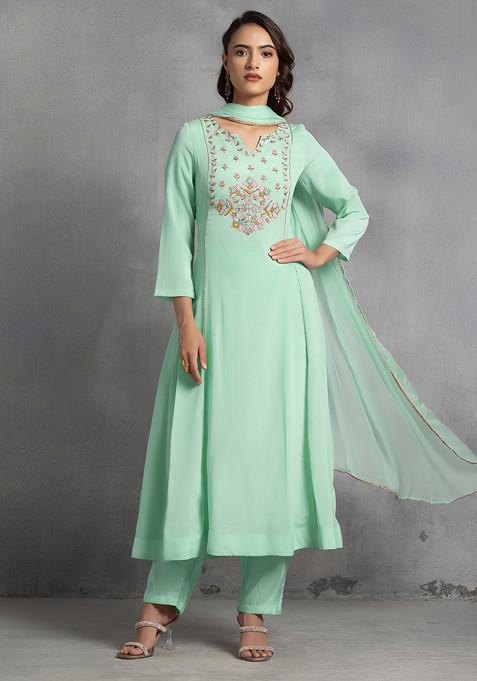 Light Green Multicolour Sequin Thread Hand Embroidered Kurta Set With Pants And Dupatta
