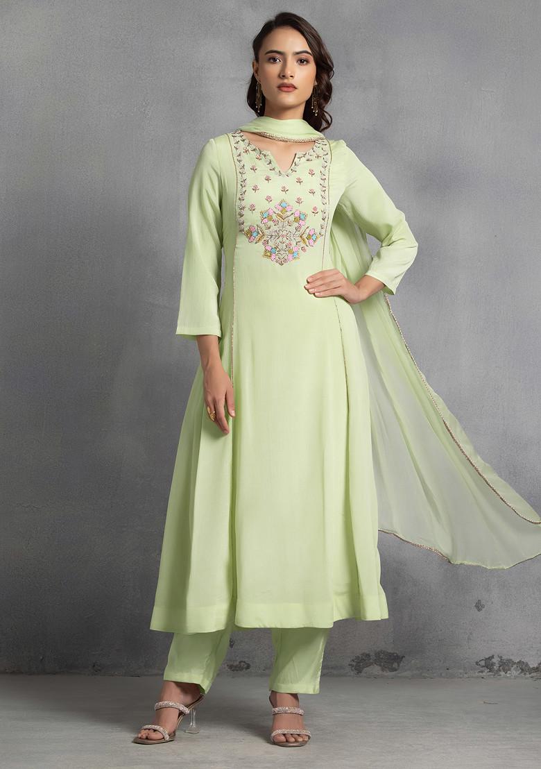Mint Green Multicolour Sequin Thread Hand Embroidered Kurta Set With Pants And Dupatta