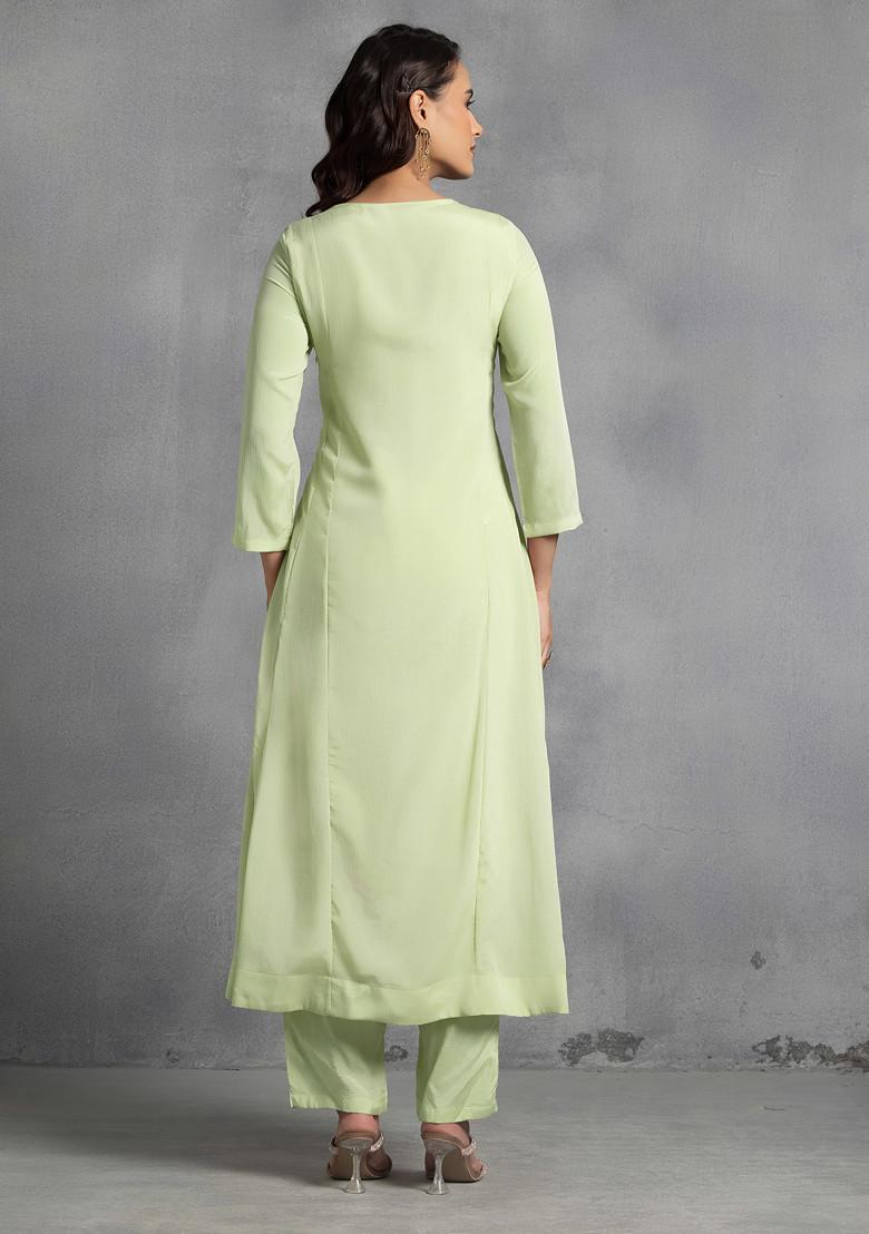 Mint Green Multicolour Sequin Thread Hand Embroidered Kurta Set With Pants And Dupatta