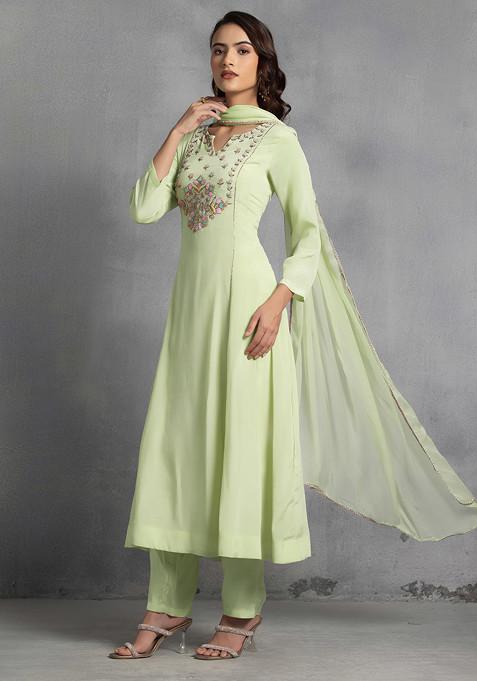 Mint Green Multicolour Sequin Thread Hand Embroidered Kurta Set With Pants And Dupatta