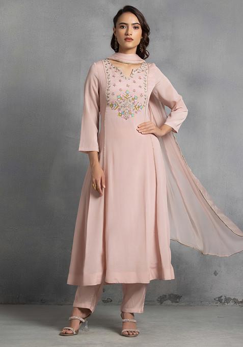 Pastel Pink Multicolour Sequin Thread Hand Embroidered Kurta Set With Pants And Dupatta