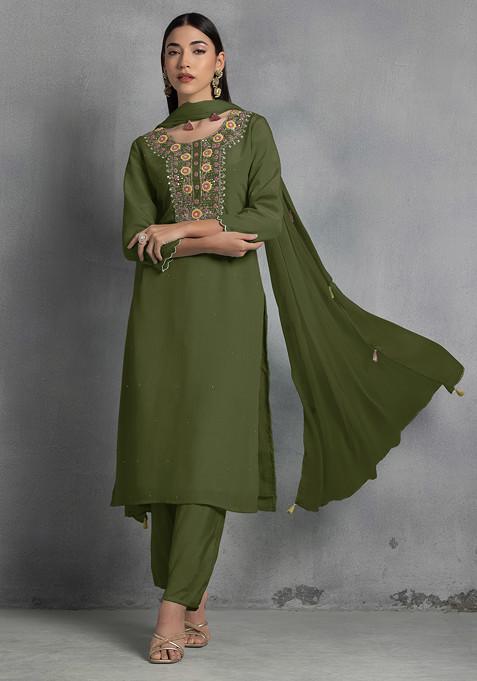 Olive Green Thread Hand Embroidered Kurta Set With Pants And Dupatta