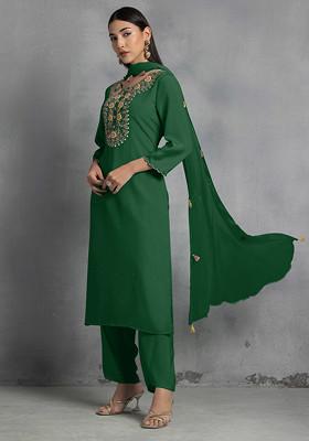 Dark Green Thread Hand Embroidered Kurta Set With Pants And Dupatta