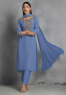 Blue Thread Hand Embroidered Kurta Set With Pants And Dupatta