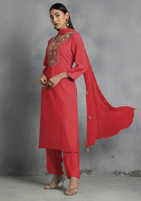 Red Thread Hand Embroidered Kurta Set With Pants And Dupatta