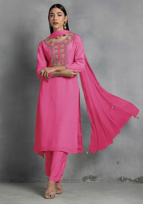 Pink Thread Hand Embroidered Kurta Set With Pants And Dupatta