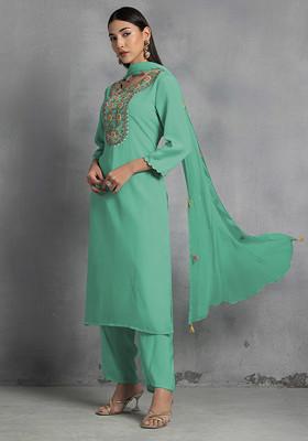 Sage Green Thread Hand Embroidered Kurta Set With Pants And Dupatta