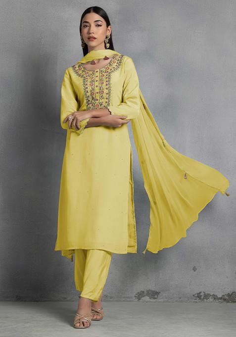 Yellow Thread Hand Embroidered Kurta Set With Pants And Dupatta