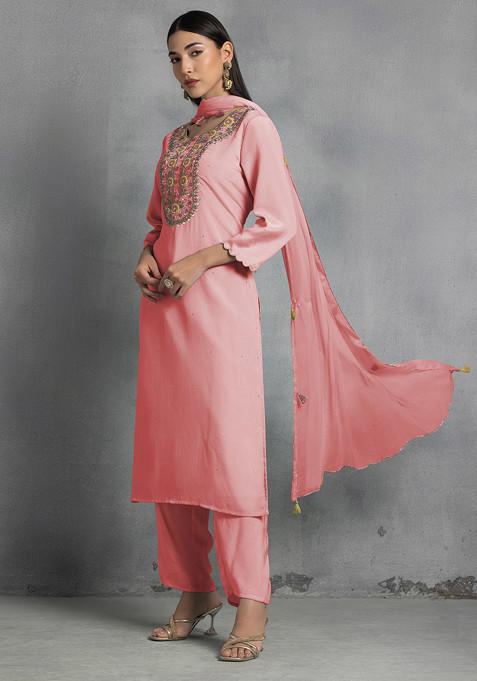 Pastel Pink Thread Hand Embroidered Kurta Set With Pants And Dupatta