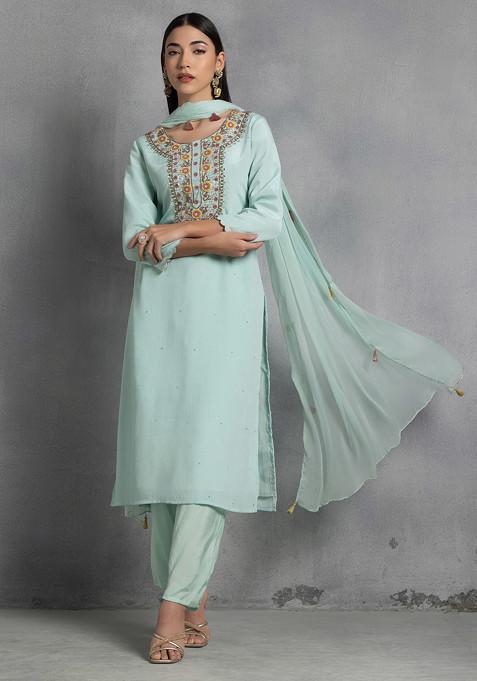 Pastel Green Thread Hand Embroidered Kurta Set With Pants And Dupatta