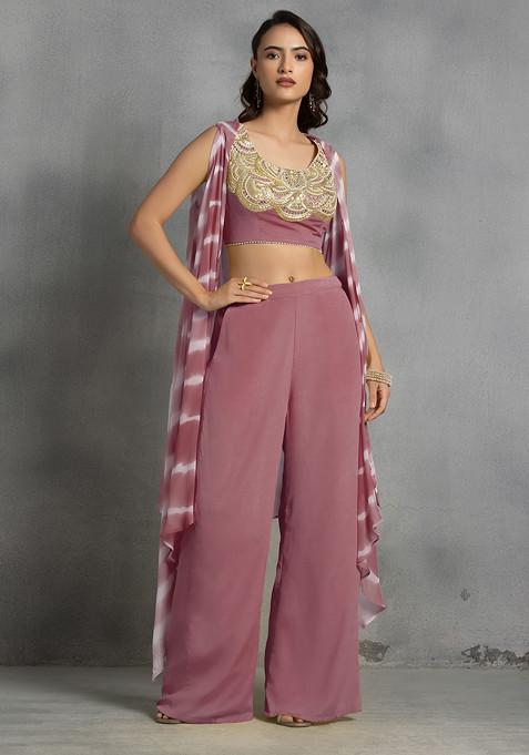Mauve Tie Dye Cape Set With Mirror Sequin Hand Embroidered Blouse And Pants