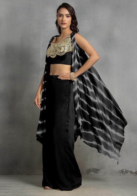Black Tie Dye Cape Set With Mirror Sequin Hand Embroidered Blouse And Pants