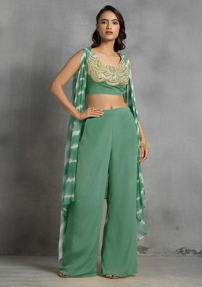 Green Tie Dye Cape Set With Mirror Sequin Hand Embroidered Blouse And Pants